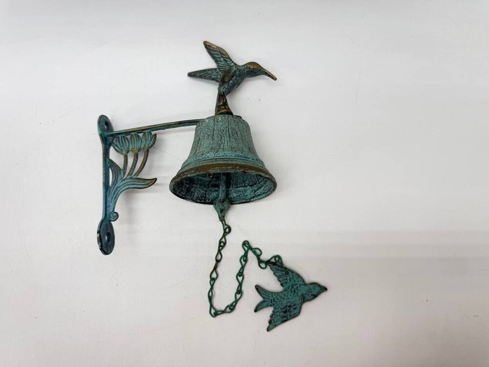Vintage Metal Hanging Bell Bird Pull Chain Green Patina Taiwan 1.00 lb